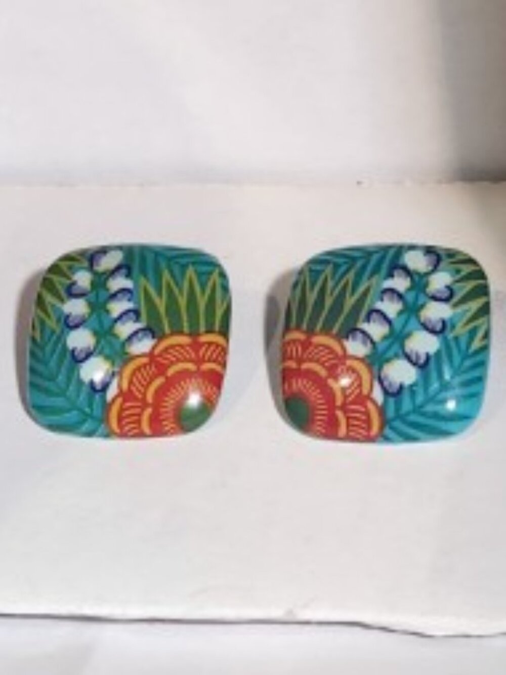Tropical Floral Square Stud Earrings Turquoise Boho Statement Jewelry